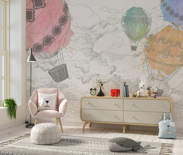 Colorful Air Balloons Wallpaper, White Background Mural, Oversized Custom Size Wall Art, Non - Woven, Non - Adhesive, Modern Wall Paper, Removable - Adawall Wallpaper - Registered Trade Accounts Only, Wallpaper Wholesale Account - W78145 - Adawall Wholesale - Wallpaper Wholesaler
