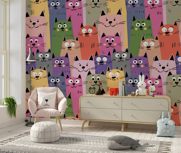 Colorful Cute Kitten Wallpaper, Seamless Pattern Mural, Oversized Custom Size Wall Art, Non - Woven, Non - Adhesive, Modern Wall Paper, Removable - Adawall Wallpaper - Registered Trade Accounts Only, Wallpaper Wholesale Account - W77558 - Adawall Wholesale - Wallpaper Wholesaler