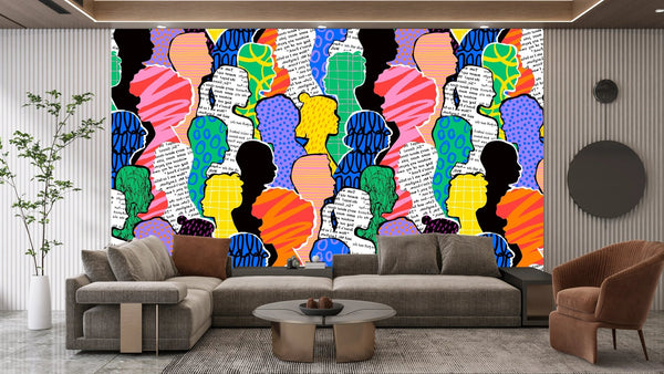 Colorful Diversed People Crowd Wallpaper, Seamless Pattern Mural, Oversized Custom Size Wall Art, Non - Woven, Non - Adhesive, Modern Wall Paper, Removable - Adawall Wallpaper - Registered Trade Accounts Only, Wallpaper Wholesale Account - W78196 - Adawall Wholesale - Wallpaper Wholesaler