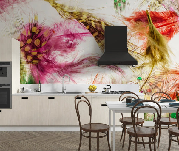 Colorful Feathers Wallpaper, White Background Mural, Oversized Custom Size Wall Art, Non - Woven, Non - Adhesive, Modern Wall Paper, Removable - Adawall Wallpaper - Registered Trade Accounts Only, Wallpaper Wholesale Account - W77601 - Adawall Wholesale - Wallpaper Wholesaler