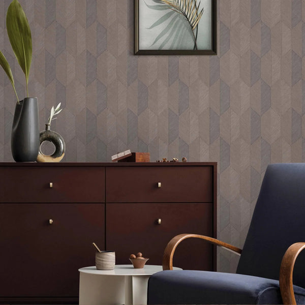 Contemporary 3D Embossed Geometric Wallpaper, Brown, Gray Modern Chevron Herringbone Shapes Wallcovering, Sturdy, Large 177 sq ft Roll - Walloro High End Wallcoverings & More