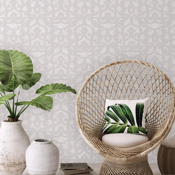 Cream Lace Trellis Wallpaper, Shiny Silver Gold Patterns Faded Colors Damask Design - Walloro High End Wallcoverings & More
