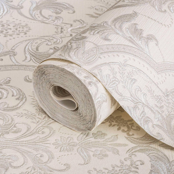 Cream, Silver Luxury 3D Damask Wallpaper, Premium Sparkling Velvet Feeling Flocked Wallcovering - Adawall Wallpaper - Registered Trade Accounts Only, Wallpaper Wholesale Account - 1002-7 - Adawall Wholesale - Wallpaper Wholesaler