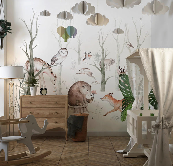 Cute Animals, Trees Wallpaper, White Background Mural, Oversized Custom Size Wall Art, Non - Woven, Non - Adhesive, Modern Wall Paper, Removable - Adawall Wallpaper - Registered Trade Accounts Only, Wallpaper Wholesale Account - W77652 - Adawall Wholesale - Wallpaper Wholesaler