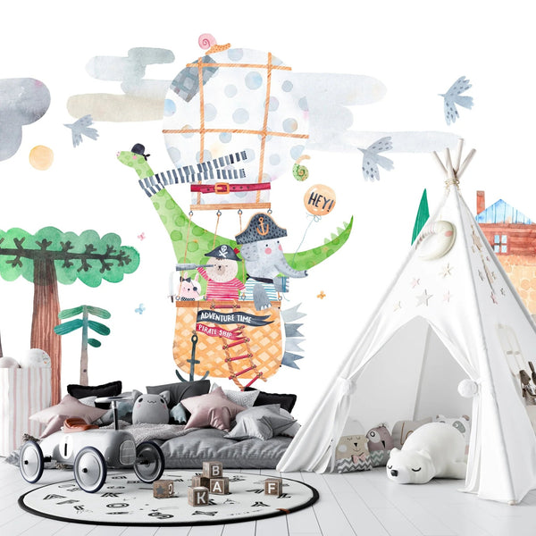 Cute Animals Wallpaper, Travelling by Balloon Mural, Oversized Custom Size Wall Art, Non - Woven, Non - Adhesive, Modern Wall Paper, Removable - Adawall Wallpaper - Registered Trade Accounts Only, Wallpaper Wholesale Account - W77942 - Adawall Wholesale - Wallpaper Wholesaler