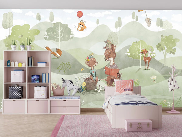 Cute Animals Wallpaper, Woodland Summer Mural, Oversized Custom Size Wall Art, Non - Woven, Non - Adhesive, Modern Wall Paper, Removable - Adawall Wallpaper - Registered Trade Accounts Only, Wallpaper Wholesale Account - W77752 - Adawall Wholesale - Wallpaper Wholesaler