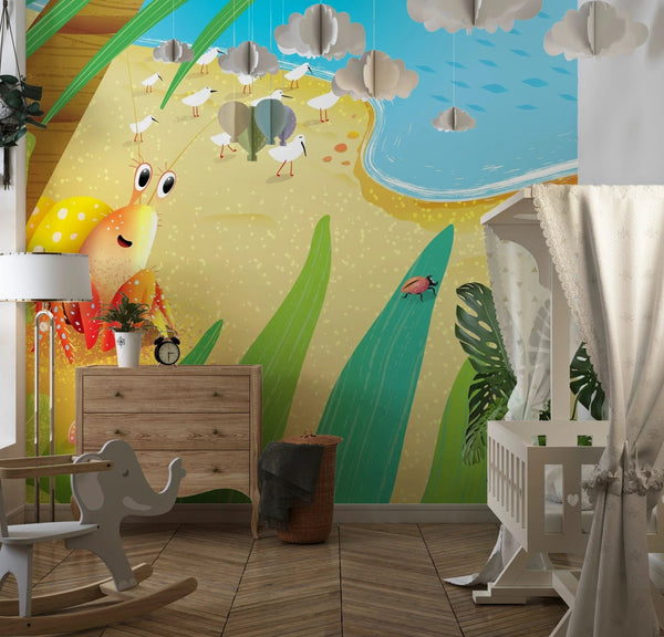 Cute Crab Wallpaper, Tropical Beach Mural, Oversized Custom Size Wall Art, Non - Woven, Non - Adhesive, Modern Wall Paper, Removable - Adawall Wallpaper - Registered Trade Accounts Only, Wallpaper Wholesale Account - W78127 - Adawall Wholesale - Wallpaper Wholesaler