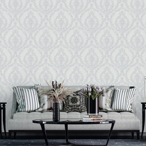 Damask Deep Embossed Wallpaper, Light Gray, White Luxury 3D Non-Pasted Wallcovering, Shimmering, Traditional Non-Woven Wall Decor - Walloro High End Wallcoverings & More