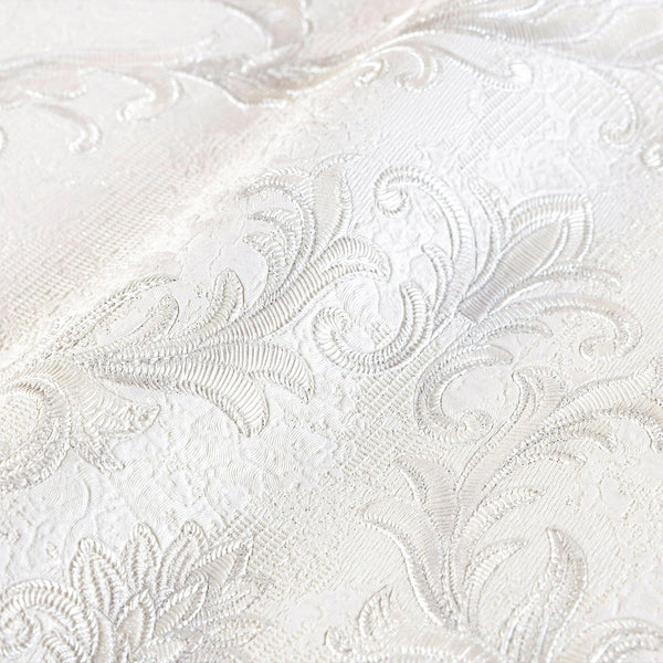 Damask Deep Embossed Wallpaper, White, Silver Luxury 3D Non-Pasted Wallcovering, Shimmering, Traditional Non-Woven Wall Decor - Walloro High End Wallcoverings & More