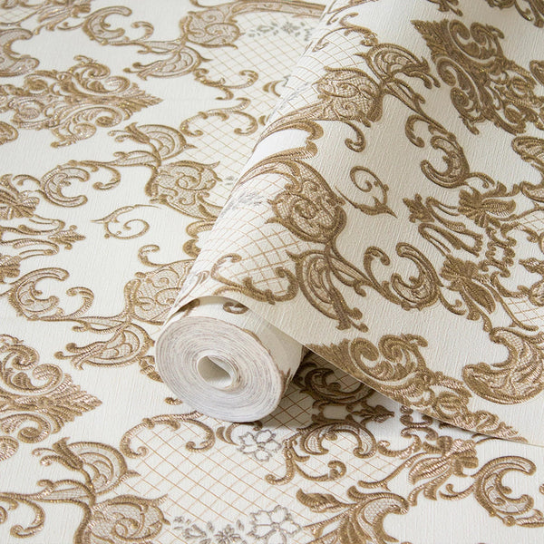 Damask Flocked Velvet Feel Wallpaper, White Gold Deep 3D Embossed Quilted Texture Luxury Wallcovering, Non - Woven - Adawall Wallpaper - Registered Trade Accounts Only, Wallpaper Wholesale Account - 1411-5 - Adawall Wholesale - Wallpaper Wholesaler
