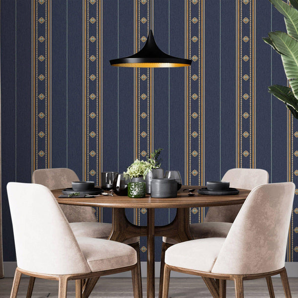 Decorative Striped Embossed Wallpaper, Royal Blue, Yellow, Gold 3D Boho Art Deco Ornate Home Wall Decor, Washable, Durable - Adawall Wallpaper - Registered Trade Accounts Only, Wallpaper Wholesale Account - 1309-5 - Adawall Wholesale - Wallpaper Wholesaler