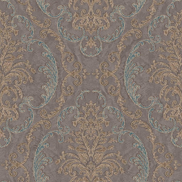 Deep Embossed Sparkling Damask Wallpaper, Stylish Brown Blue Glittering Luxury Fabric Feel Vivid Colors, Home Commercial Use, Easy Clean, Water Resistant - Walloro High End Wallcoverings & More