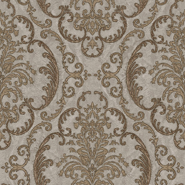 Deep Embossed Sparkling Damask Wallpaper, Stylish Brown Gray Glittering Luxury Fabric Feel Vivid Colors, Home Commercial Use, Easy Clean, Water Resistant - Walloro High End Wallcoverings & More