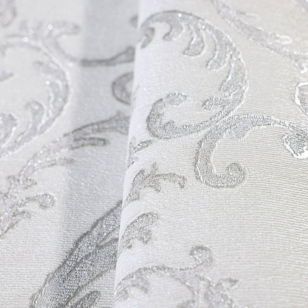 Deep Embossed Sparkling Damask Wallpaper, Stylish White Glittering Luxury Fabric Feel Vivid Colors, Home Commercial Use, Easy Clean, Water Resistant - Walloro High End Wallcoverings & More