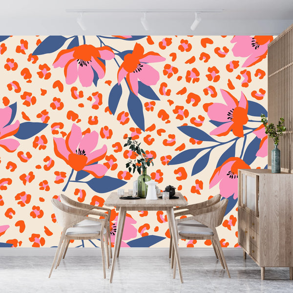 Exotic Flowers, Leopard Background Wallpaper, Seamless Pattern Mural, Oversized Custom Size Wall Art, Non-Woven, Non-Adhesive, Modern Wall Paper, Removable