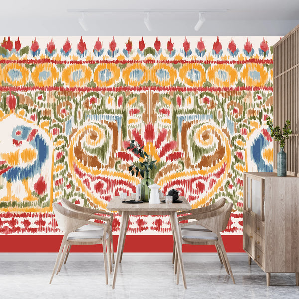 Traditional Ikat Wallpaper, Seamless Pattern Mural, Oversized Custom Size Wall Art, Non-Woven, Non-Adhesive, Modern Wall Paper, Removable