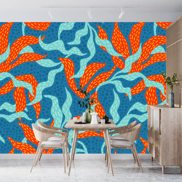 Abstract Artistic Leaves Wallpaper, Seamless Pattern Mural, Oversized Custom Size Wall Art, Non-Woven, Non-Adhesive, Modern Wall Paper, Removable