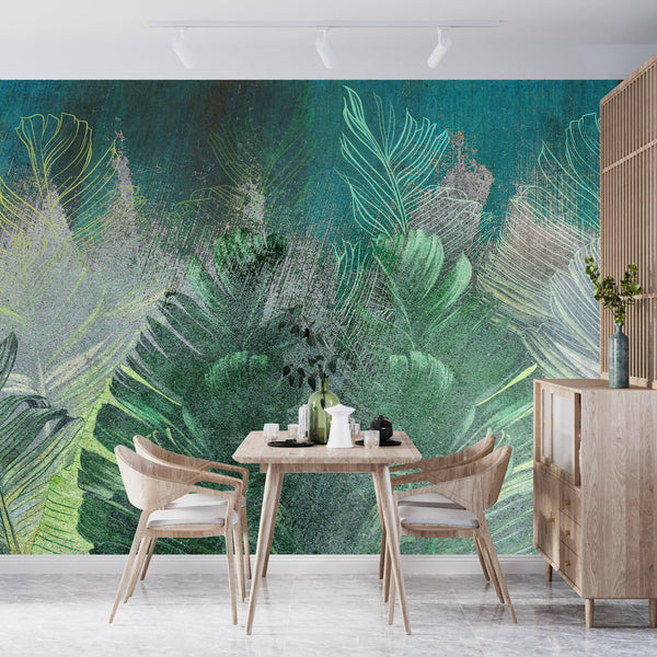 Tropical Leaves Wallpaper, Floral Background Mural, Oversized Custom Size Wall Art, Non-Woven, Non-Adhesive, Modern Wall Paper, Removable