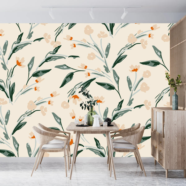Abstract Floral, Beige Background Wallpaper, Seamless Pattern Mural, Oversized Custom Size Wall Art, Non-Woven, Non-Adhesive, Modern Wall Paper, Removable