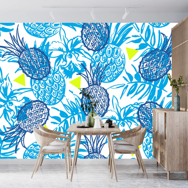 Tropical Design, Blue Wallpaper, Seamless Pattern Mural, Oversized Custom Size Wall Art, Non-Woven, Non-Adhesive, Modern Wall Paper, Removable
