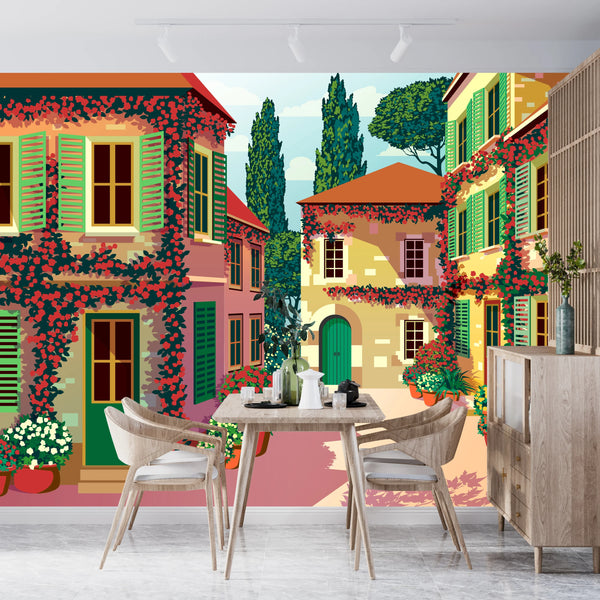 Village Square Wallpaper, Traditional Houses, Potted Flowers Mural, Oversized Custom Size Wall Art, Non-Woven, Non-Adhesive, Modern Wall Paper, Removable