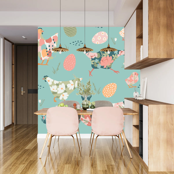 Chickens with Abstract Flowers Wallpaper, Seamless Pattern Mural, Oversized Custom Size Wall Art, Non-Woven, Non-Adhesive, Modern Wall Paper, Removable