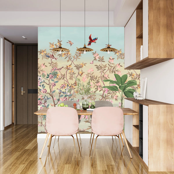 Elegant Floral, Birds Wallpaper, Seamless Pattern Mural, Oversized Custom Size Wall Art, Non-Woven, Non-Adhesive, Modern Wall Paper, Removable