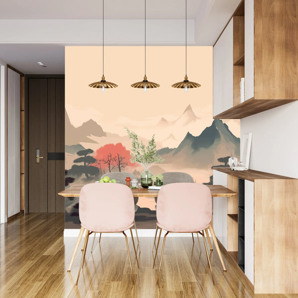 Sakura Trees Wallpaper, Traditional Ink Landscape Mural, Oversized Custom Size Wall Art, Non-Woven, Non-Adhesive, Modern Wall Paper, Removable