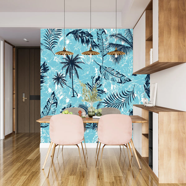 Tropical Plants, Blue Background Wallpaper, Seamless Pattern Mural, Oversized Custom Size Wall Art, Non-Woven, Non-Adhesive, Modern Wall Paper, Removable