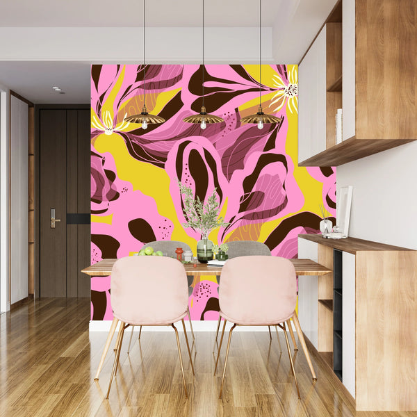 Abstract Pink Flowers Wallpaper, Seamless Pattern Mural, Oversized Custom Size Wall Art, Non-Woven, Non-Adhesive, Modern Wall Paper, Removable