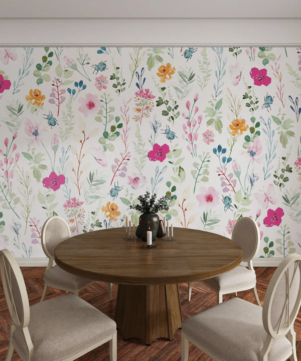 Watercolor Floral Wallpaper, Seamless Pattern Mural, Oversized Custom Size Wall Art, Non-Woven, Non-Adhesive, Modern Wall Paper, Removable