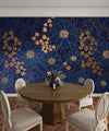 Blue and Gold Floral Wallpaper, Seamless Pattern Mural, Oversized Custom Size Wall Art, Non-Woven, Non-Adhesive, Modern Wall Paper, Removable