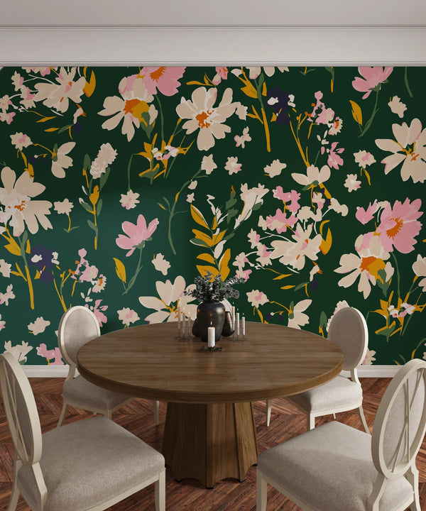 Hand Drawn Floral Wallpaper, Seamless Pattern Mural, Oversized Custom Size Wall Art, Non-Woven, Non-Adhesive, Modern Wall Paper, Removable