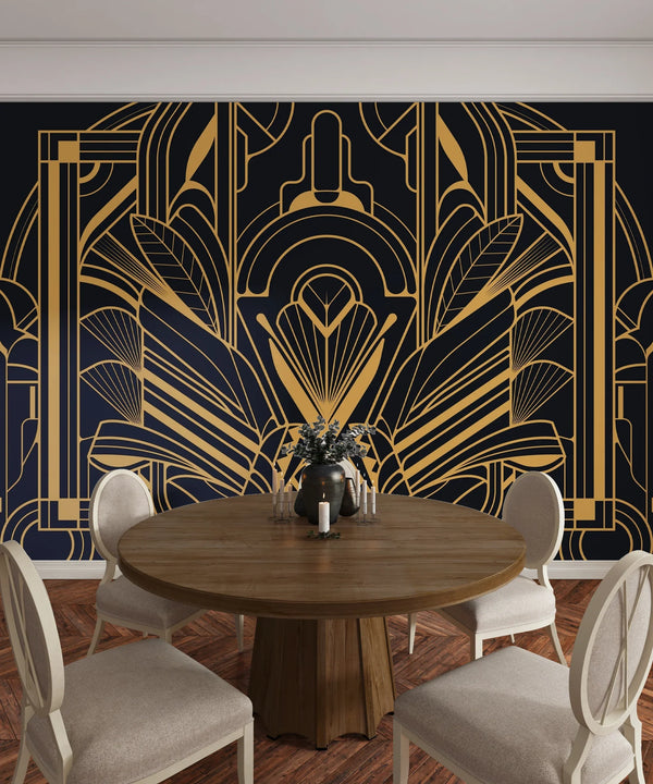 Art Deco Wallpaper, Geometric Gold Mural, Oversized Custom Size Wall Art, Non-Woven, Non-Adhesive, Modern Wall Paper, Removable
