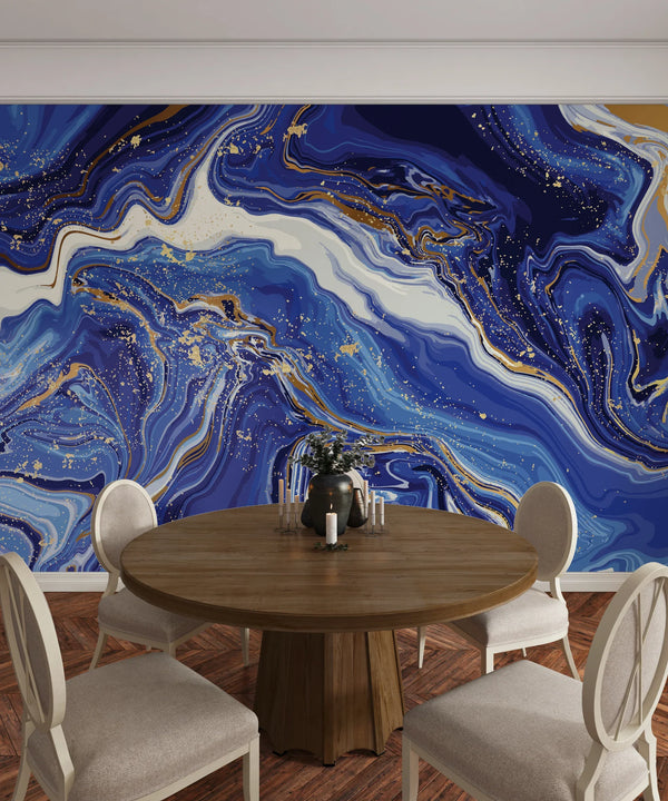 Blue Marble Wallpaper, Gold Abstract Mural, Oversized Custom Size Wall Art, Non-Woven, Non-Adhesive, Modern Wall Paper, Removable