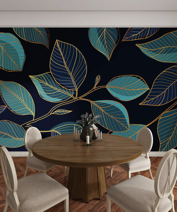 Gold Leaves Wallpaper, Black Background Mural, Oversized Custom Size Wall Art, Non-Woven, Non-Adhesive, Modern Wall Paper, Removable