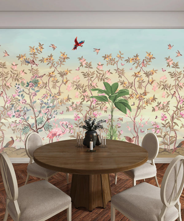 Elegant Floral, Birds Wallpaper, Seamless Pattern Mural, Oversized Custom Size Wall Art, Non-Woven, Non-Adhesive, Modern Wall Paper, Removable