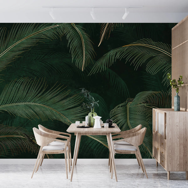 Green Exotic Palm Leaves Wallpaper, Dark Luxury Art Background Mural, Oversized Custom Size Wall Art, Non-Woven, Non-Adhesive, Modern Wall Paper, Removable