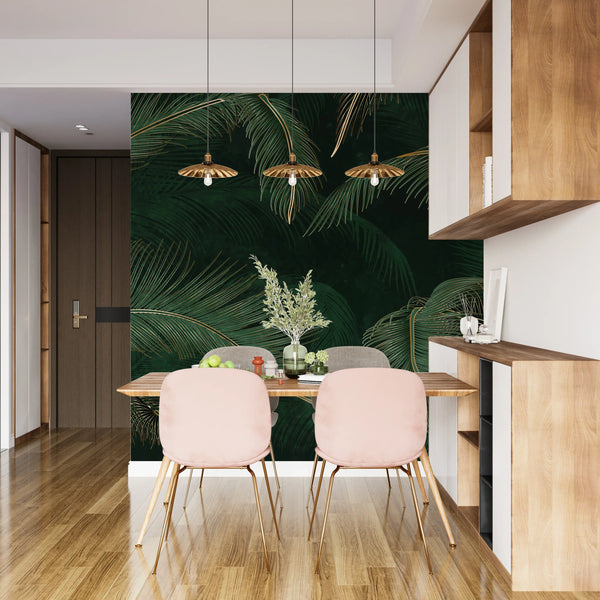 Green Exotic Palm Leaves Wallpaper, Dark Luxury Art Background Mural, Oversized Custom Size Wall Art, Non-Woven, Non-Adhesive, Modern Wall Paper, Removable