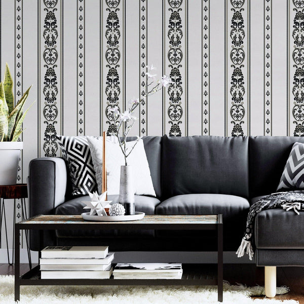 Elegant Deep Embossed Striped Wallpaper, Black and White Damask 3D Textured Wallcovering, Traditional, Large 114 sq ft Roll, Accent Wall - Adawall Wallpaper - Registered Trade Accounts Only, Wallpaper Wholesale Account - 6803-5 - Adawall Wholesale - Wallpaper Wholesaler