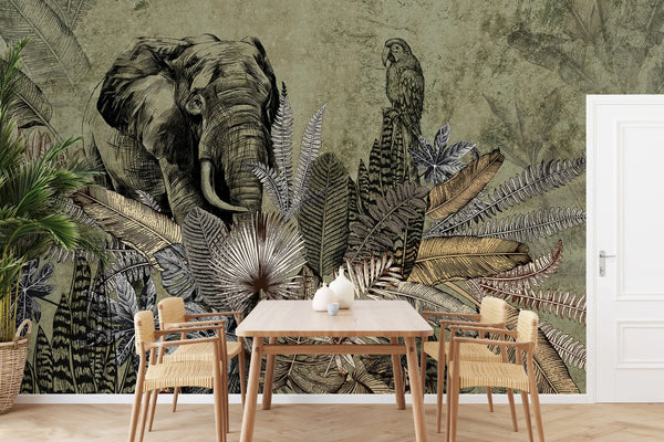 Elephant Jungle Wall Mural, Green Forest Animal Theme Wallpaper, Oversized Wall Art, Non-Woven, Non-Pasted, Removable, Exotic Wall Paper, Washable - Walloro High End Wallcoverings & More