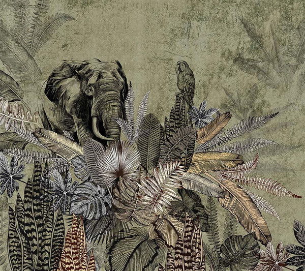 Elephant Jungle Wall Mural, Green Forest Animal Theme Wallpaper, Oversized Wall Art, Non - Woven, Non - Pasted, Removable, Exotic Wall Paper, Washable - Adawall Wallpaper - Registered Trade Accounts Only, Wallpaper Wholesale Account - A321-3 - Adawall Wholesale - Wallpaper Wholesaler