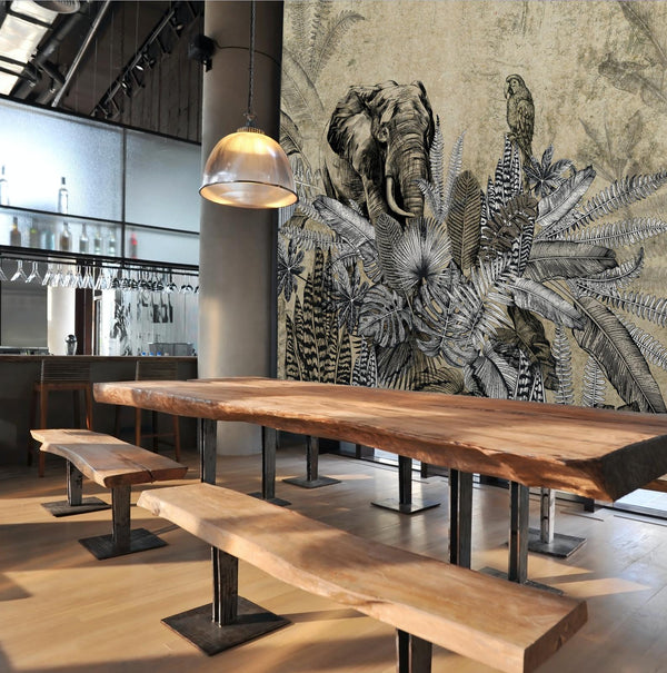 Elephant Jungle Wall Mural, Light Green Forest Animal Theme Wallpaper, Oversized Wall Art, Non - Woven, Non - Pasted, Removable, Exotic Wall Paper, Washable - Adawall Wallpaper - Registered Trade Accounts Only, Wallpaper Wholesale Account - A321-1 - Adawall Wholesale - Wallpaper Wholesaler