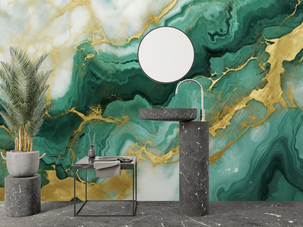 Emerald Green Marble Wallpaper, Gold Abstract Mural, Oversized Custom Size Wall Art, Non - Woven, Non - Adhesive, Modern Wall Paper, Removable - Adawall Wallpaper - Registered Trade Accounts Only, Wallpaper Wholesale Account - W77921 - Adawall Wholesale - Wallpaper Wholesaler