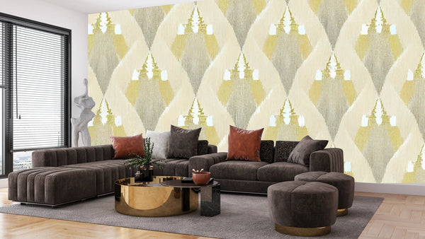 Ethnic Ikat Wallpaper, Yellow Boho Mural, Oversized Custom Size Wall Art, Non - Woven, Non - Adhesive, Modern Wall Paper, Removable - Adawall Wallpaper - Registered Trade Accounts Only, Wallpaper Wholesale Account - W77735 - Adawall Wholesale - Wallpaper Wholesaler