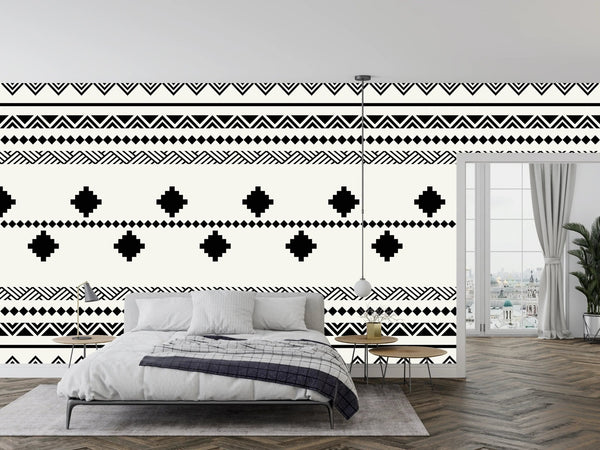 Ethnic Tribal Black and White Wallpaper, Seamless Pattern Mural, Oversized Custom Size Wall Art, Non - Woven, Non - Adhesive, Modern Wall Paper, Removable - Adawall Wallpaper - Registered Trade Accounts Only, Wallpaper Wholesale Account - W77980 - Adawall Wholesale - Wallpaper Wholesaler