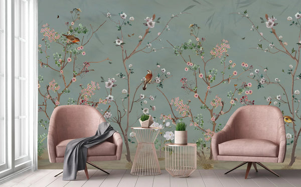 Extra Large Chinoiserie Floral Wallpaper, Birds Blossom Green Wall Mural, Custom Size, Luxury, Modern Wall Paper, Non-Pasted, Washable, Removable - Walloro High End Wallcoverings & More