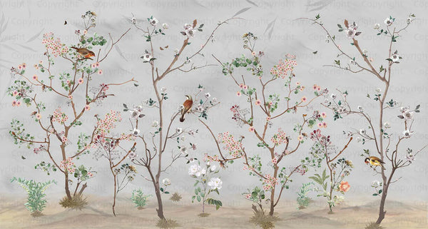 Extra Large Chinoiserie Floral Wallpaper, Birds Blossom Wall Mural, Custom Size, Luxury, Modern Wall Paper, Non-Pasted, Washable, Removable - Walloro High End Wallcoverings & More