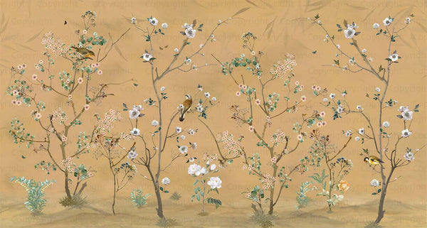 Extra Large Chinoiserie Floral Wallpaper, Birds Blossom Yellow Wall Mural, Custom Size, Luxury, Modern Wall Paper, Non-Pasted, Washable, Removable (Copy) - Walloro High End Wallcoverings & More