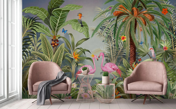 Flamingo Nature Theme Wall Mural, Green Forest Wallpaper, Custom Wall Mural, Wall Poster Home Interior Decor, Non-Adhesive, Non-Woven, Washable, Removable - Walloro High End Wallcoverings & More
